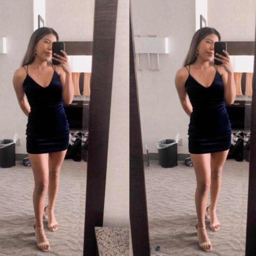 Windsor velvet midnight navy blue open back mini dress